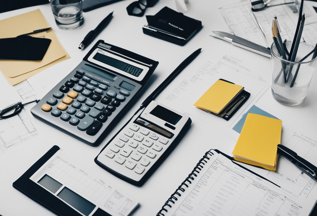 A desk cluttered with financial documents and business tools, including a calculator, laptop, and schedule book, in a hair salon setting