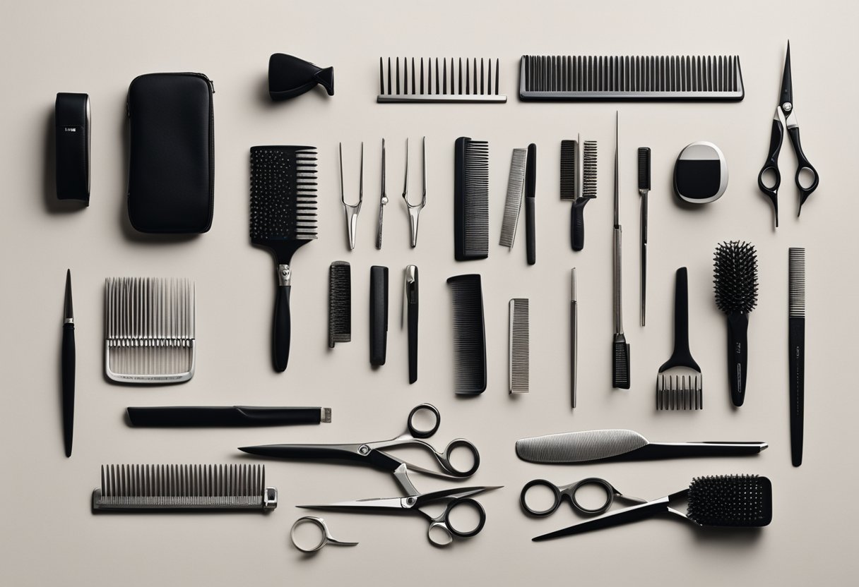 Various hair salon tools arranged neatly on a sleek, modern countertop. Scissors, combs, brushes, and hairdryers are displayed with precision and order