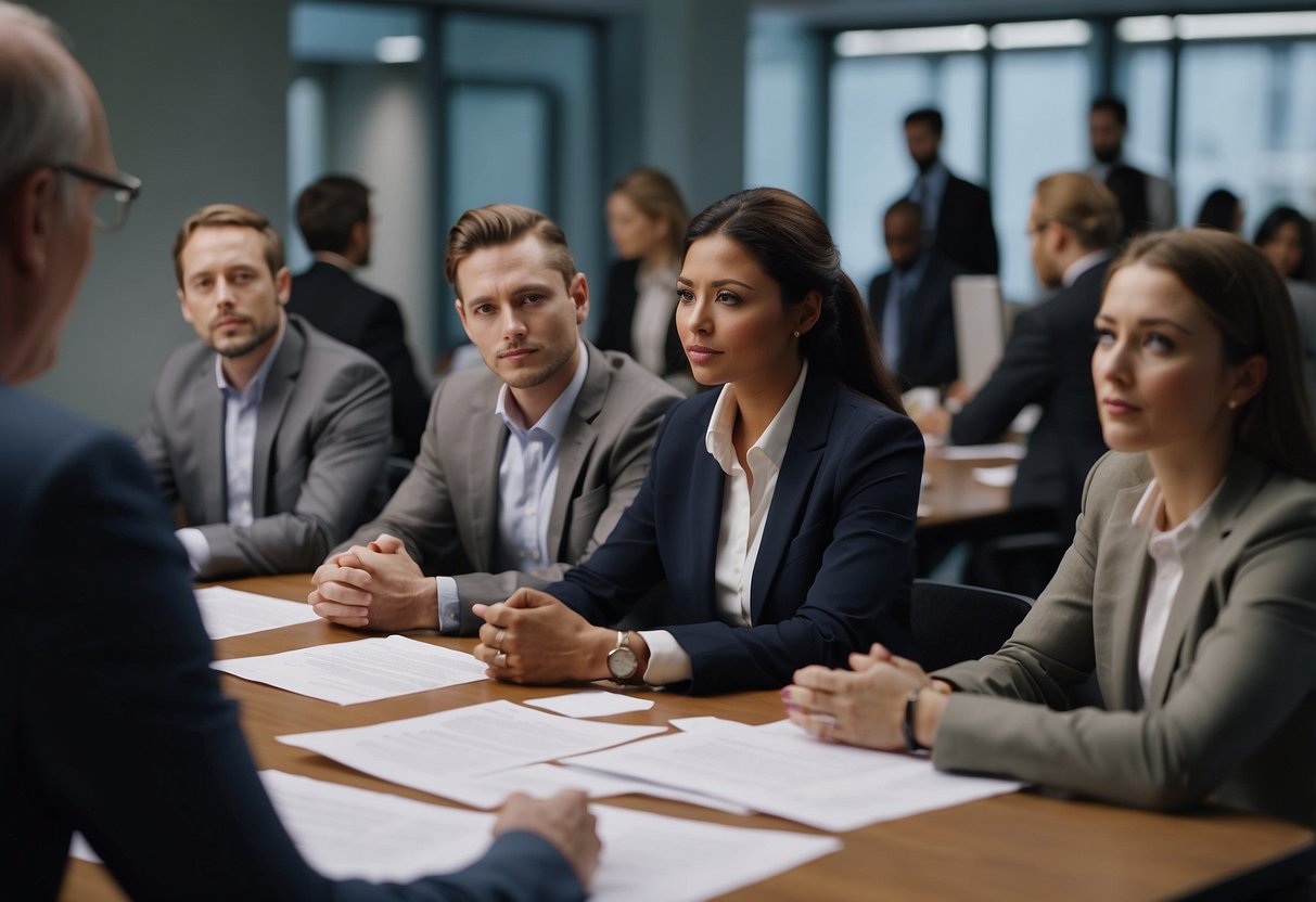 A group of people gather to review and select service contracts for public markets. Tables and documents are spread out in a conference room