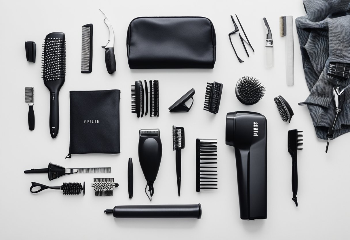 A hair styler tool kit lays on a clean, white countertop. The kit includes a hair dryer, straightening iron, curling wand, and various brushes and combs