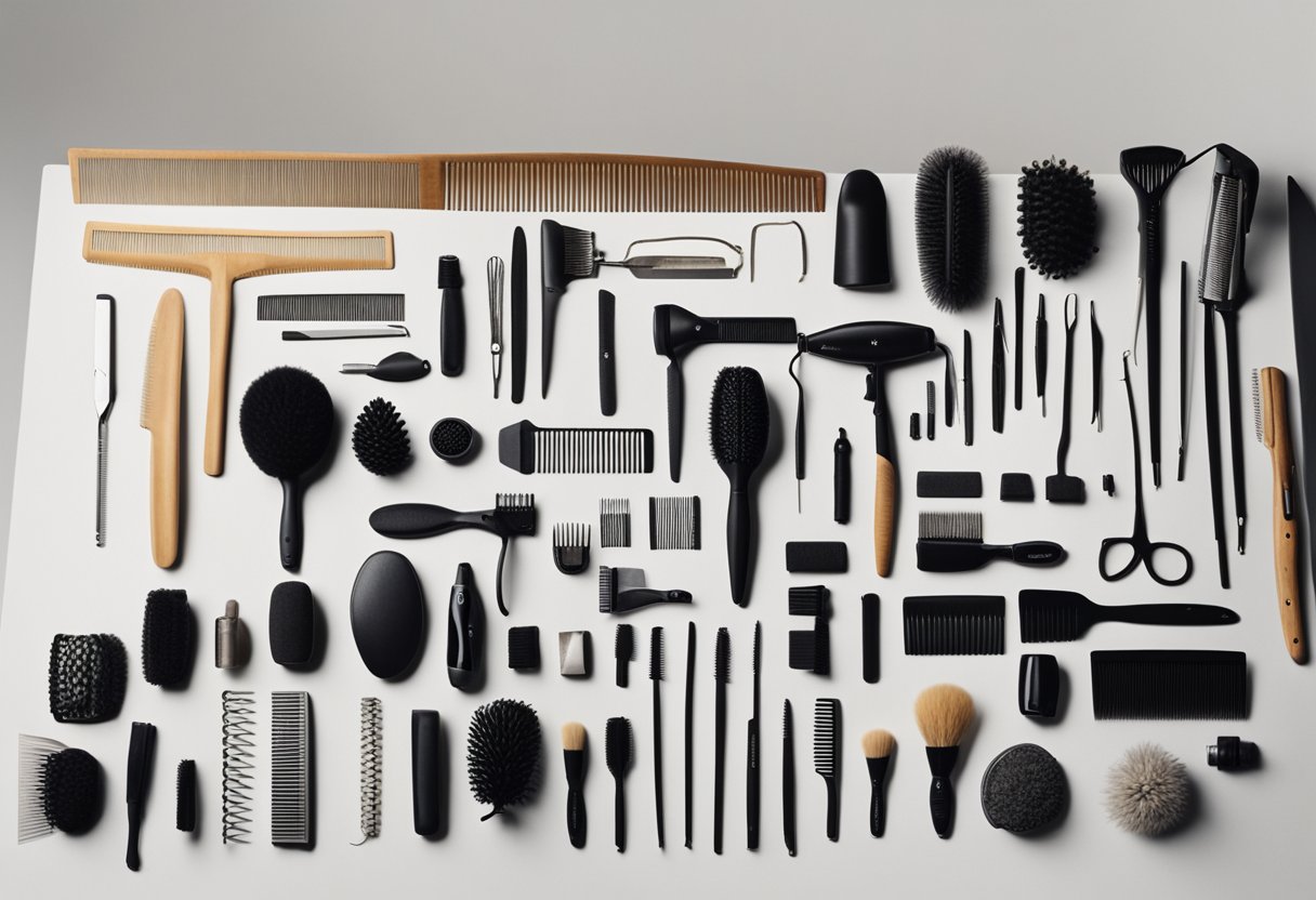 Various hair types and textures are displayed, including straight, wavy, curly, and kinky. Hair styling tools such as combs, brushes, and hairdryers are arranged neatly on a table