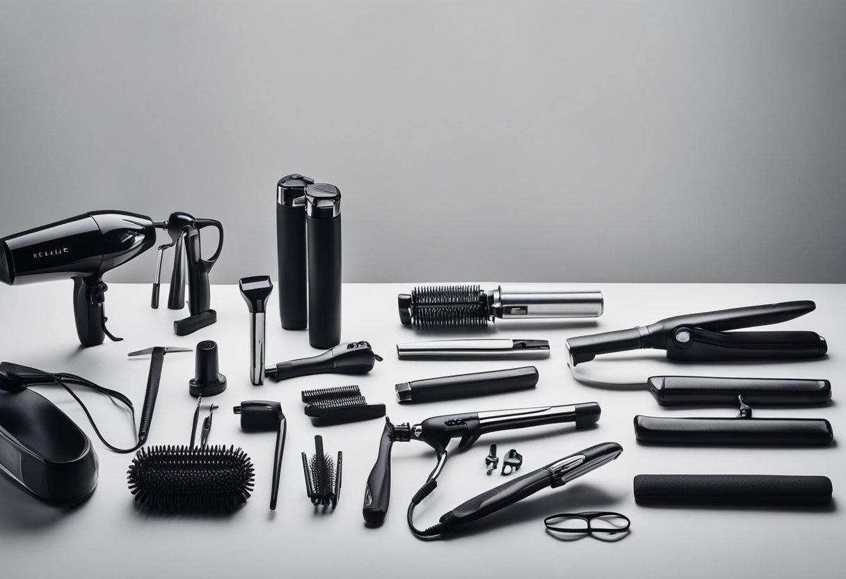 Various hair styler tools arranged on a clean, well-lit surface. Curling irons, straighteners, and hairdryers are neatly organized and ready for use