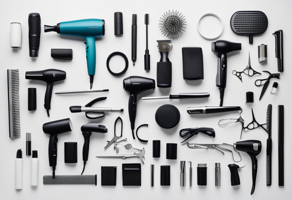 A variety of hair styler tools neatly arranged on a clean, white countertop, including curling irons, straighteners, and hair dryers