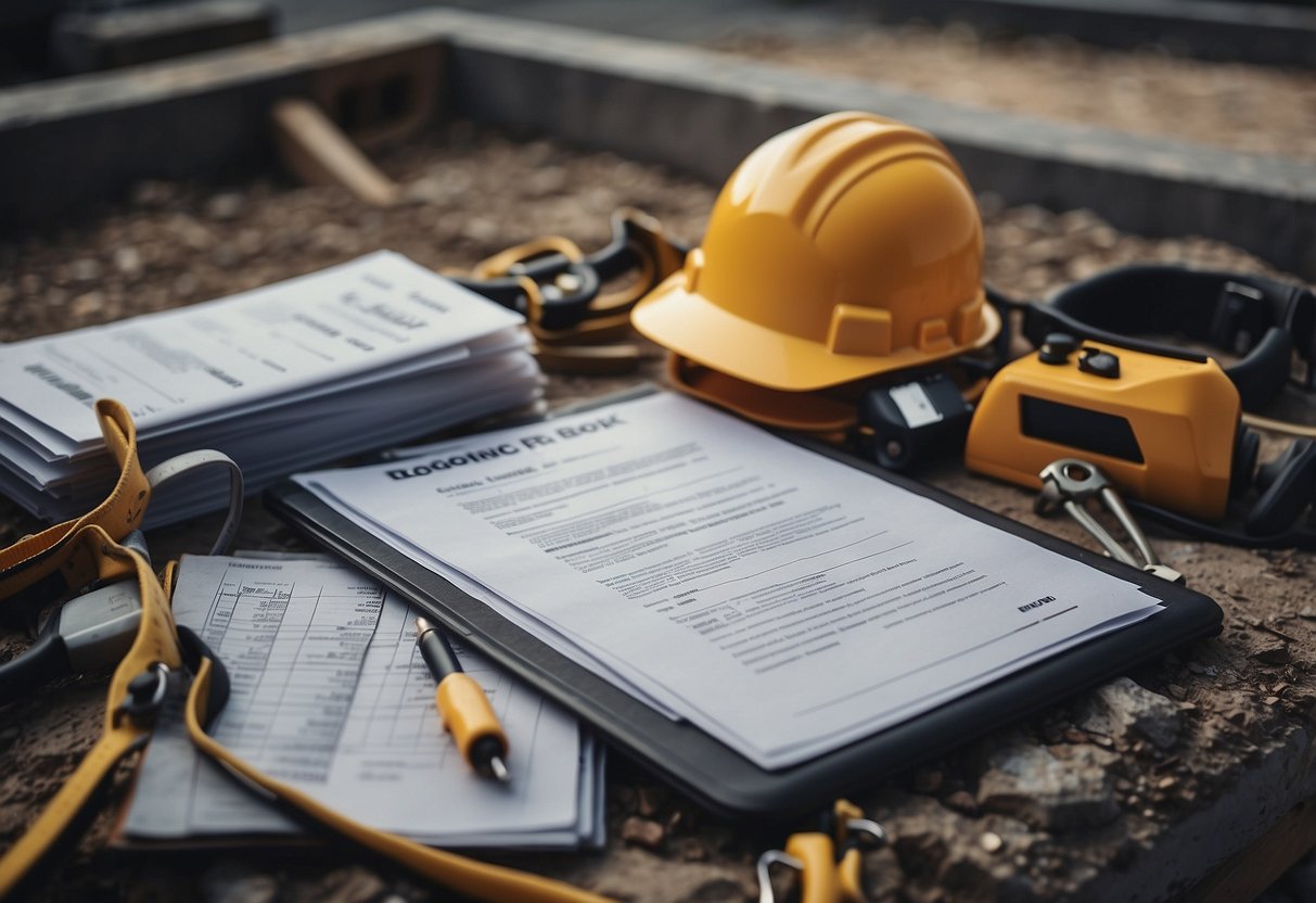 A construction site with a registry book, public procurement documents, and organizational tools