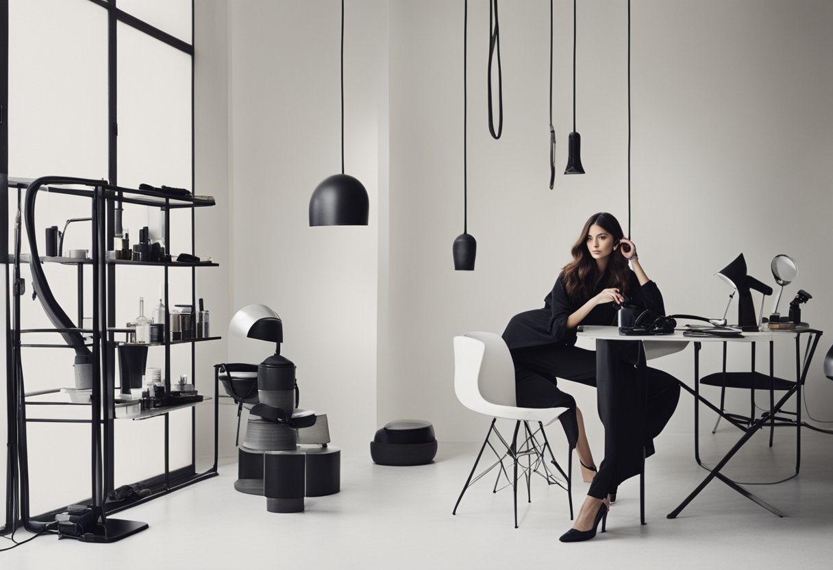 A table with hair styling equipment: hairdryer, curling iron, straightener, brushes, and hair products arranged neatly