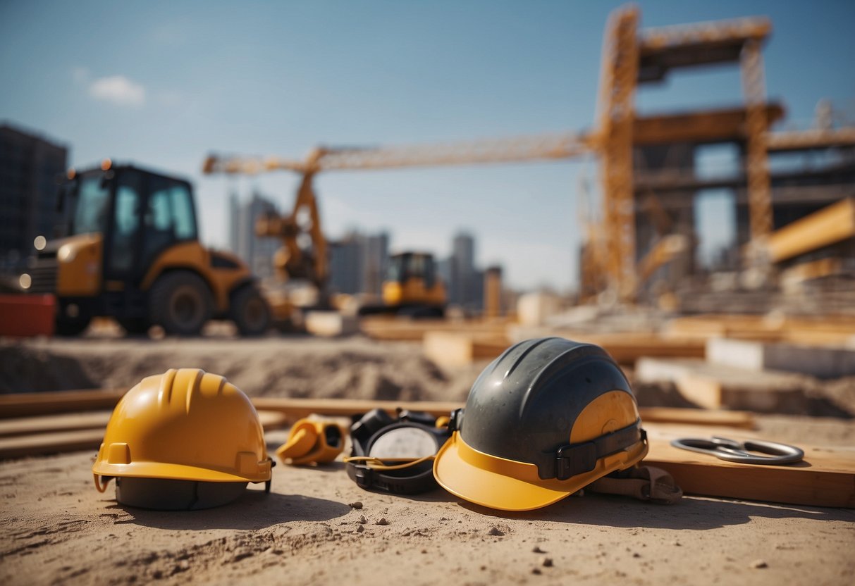 A construction site with equipment, materials, and workers' registry for public contracts