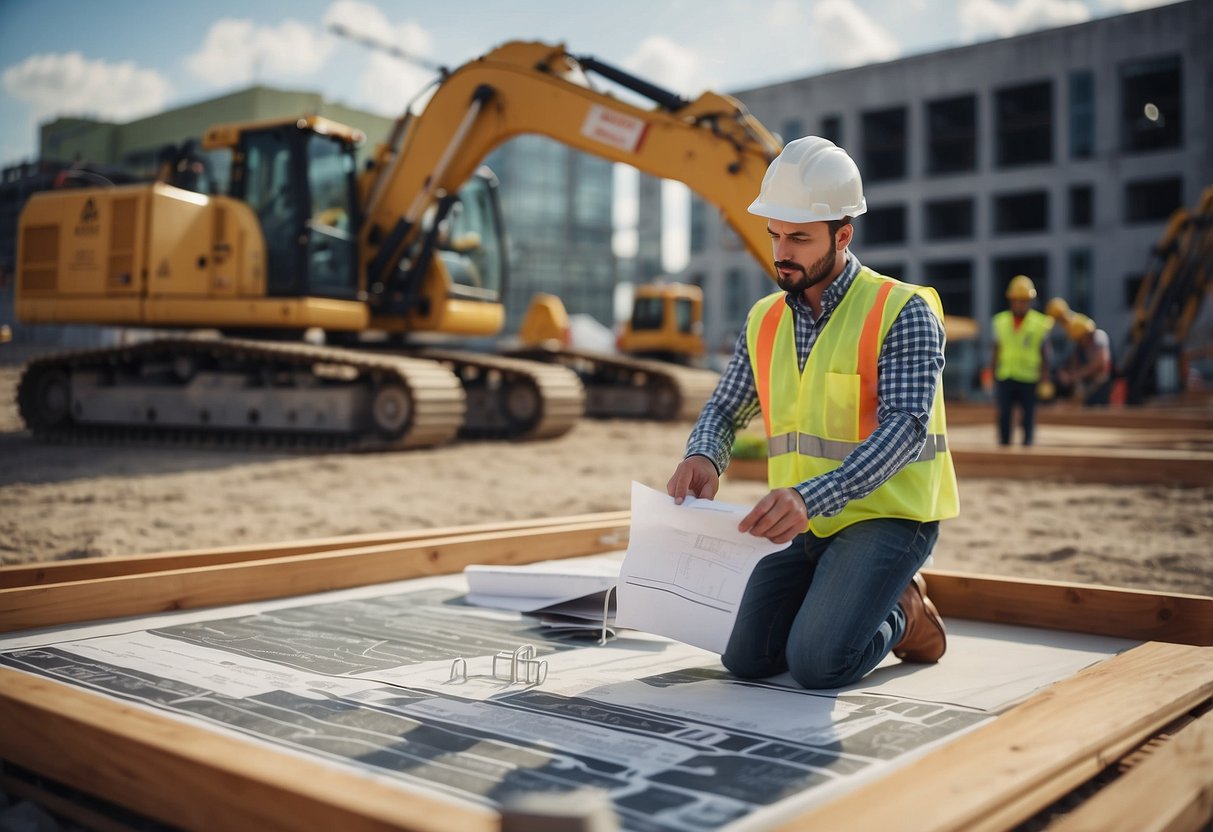 A construction site with BIM model, project management, and collaboration in progress. No human subjects or body parts included