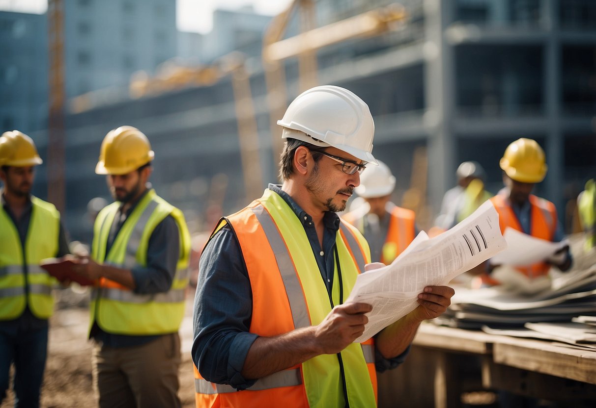 A construction site with workers managing paperwork and maintaining public market records