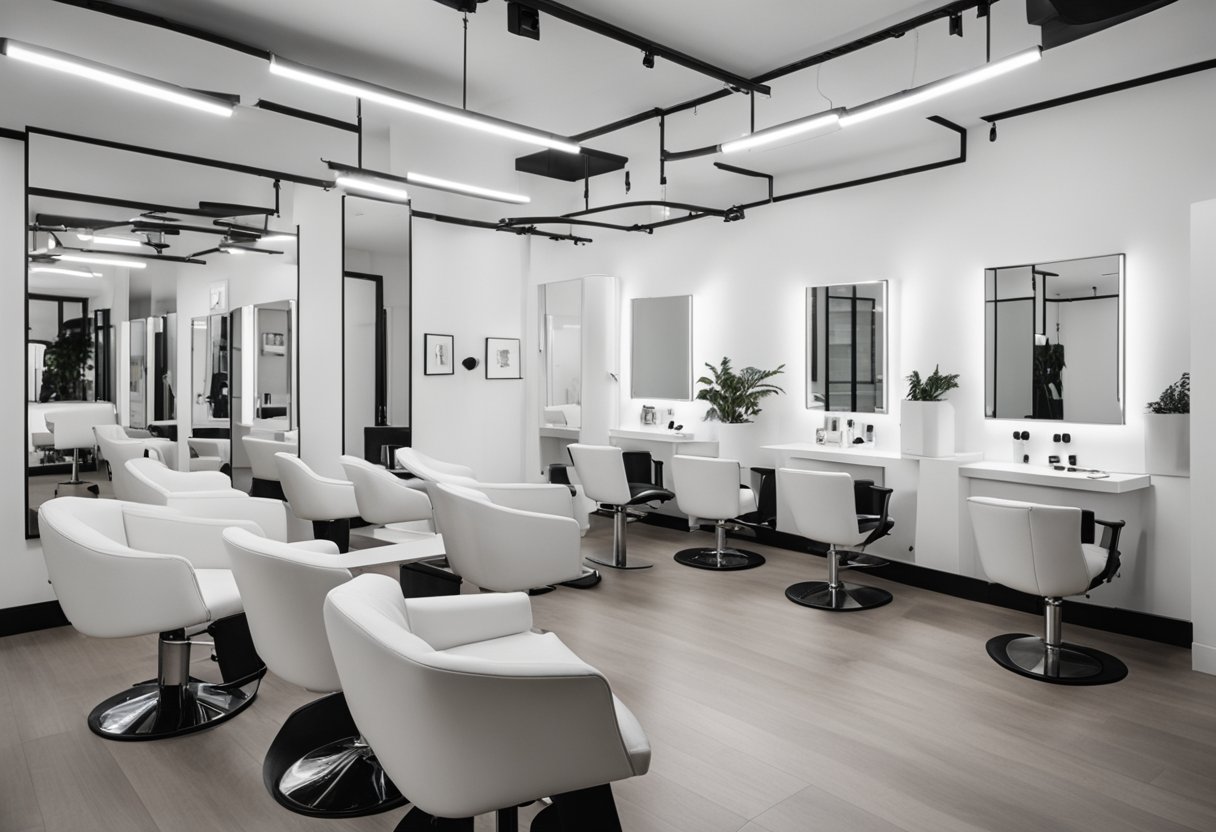 A sleek, modern hair salon with state-of-the-art hair styling equipment including advanced hair dryers, flat irons, and curling wands