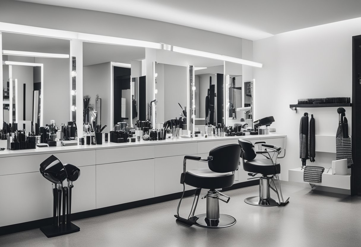 Various hair styling equipment neatly organized on a sleek, modern salon station. Brushes, combs, hairdryers, and curling irons are displayed in an aesthetically pleasing arrangement