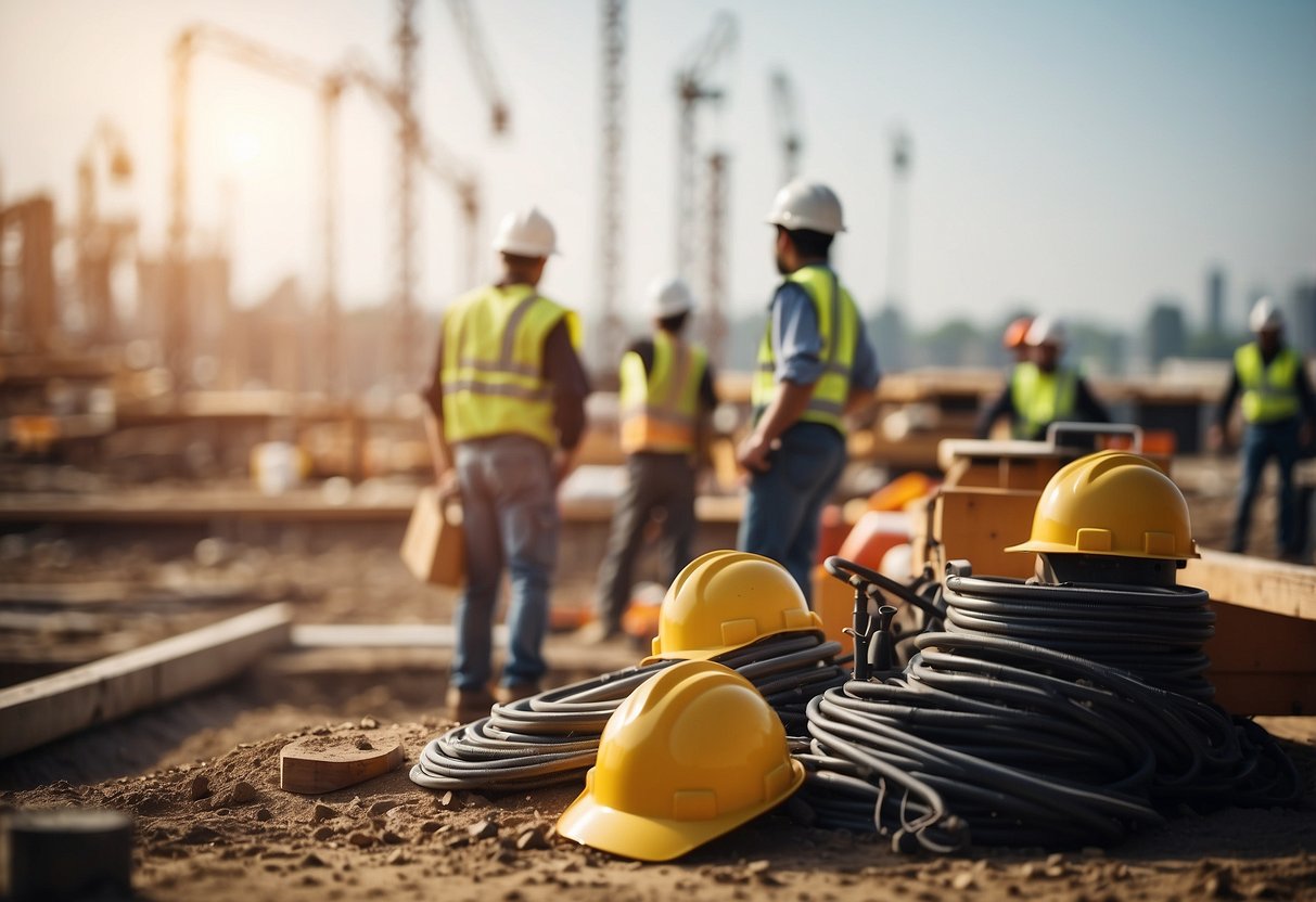 A construction site with workers, equipment, and materials organized in a systematic and orderly manner