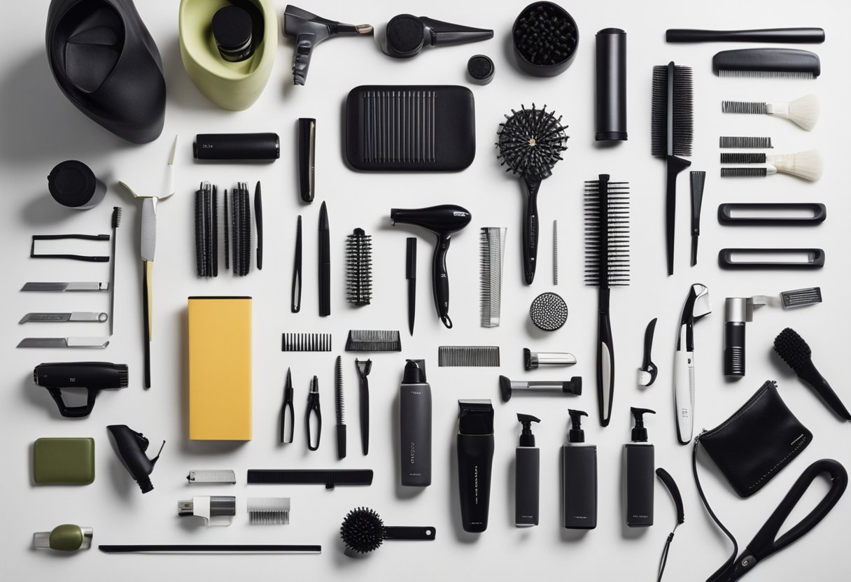 Hair styling equipment arranged neatly on a clean, organized counter, with brushes, combs, hair dryers, and curling irons. Products are labeled and stored in an orderly manner