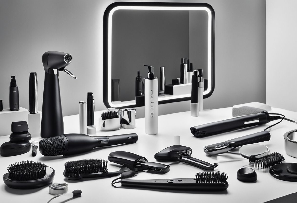 Various hair styling tools arranged on a sleek countertop with a mirror in the background, including hair dryers, straighteners, curling irons, and brushes