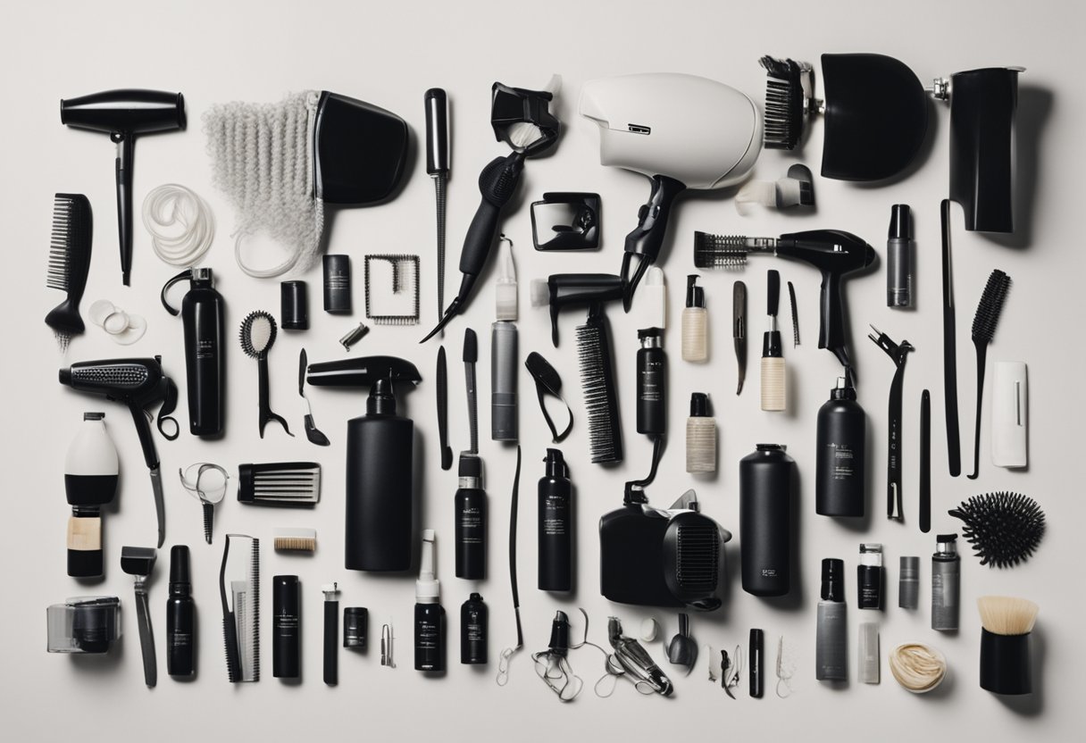 A cluttered table with various hair styling tools and products, including a hair dryer, straightener, curling iron, brushes, and bottles of hair spray and gel