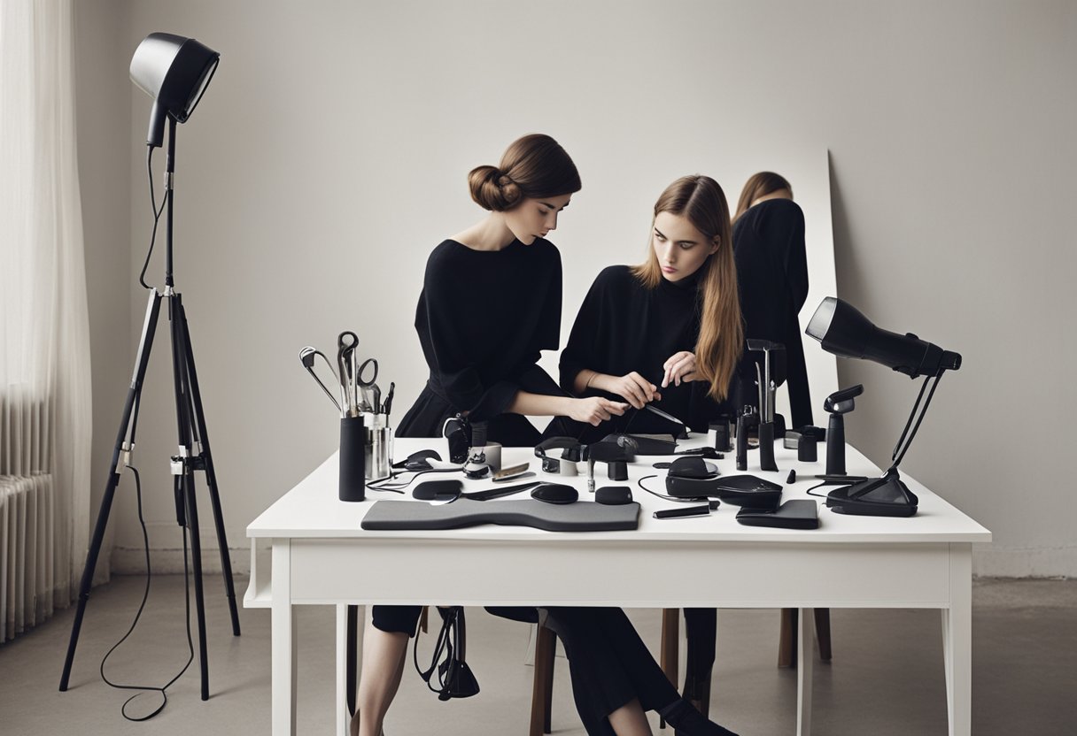 A table with hair styling tools: hairbrush, hairdryer, curling iron, straightening iron, hair clips, and hair ties