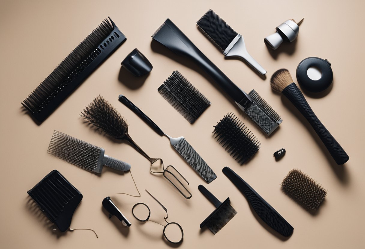 A variety of hair styling tools, such as combs, brushes, and hair dryers, are arranged neatly on a counter next to long strands of hair with different textures and types