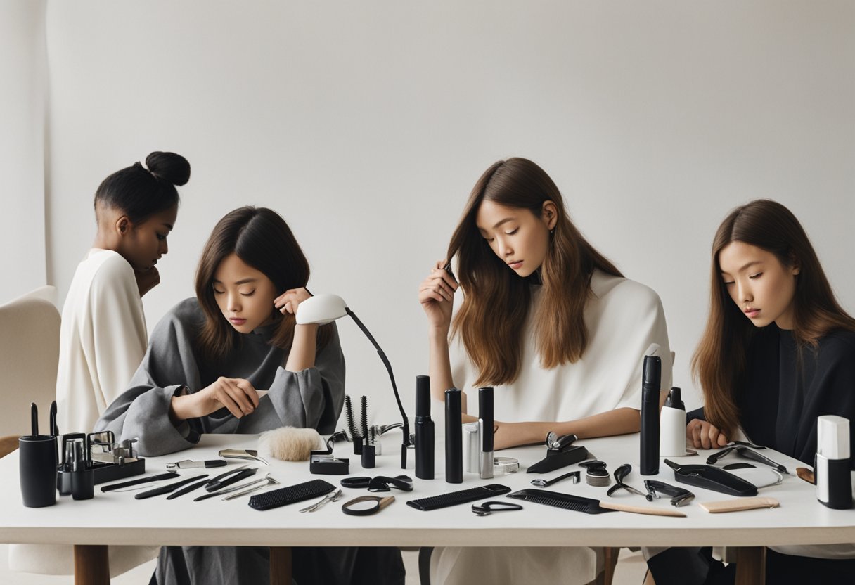 A table with various hair styling tools spread out, including a hairbrush, hair straightener, curling iron, and hair clips