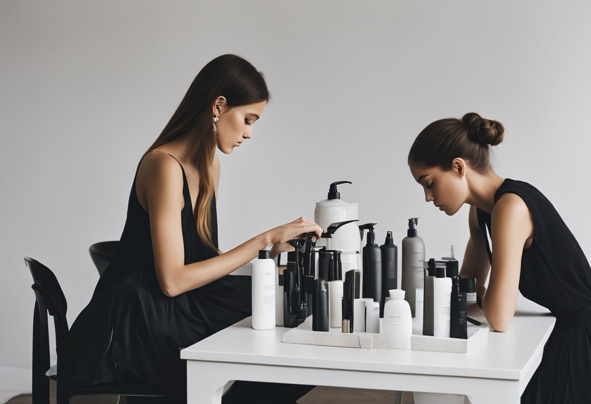 A table with hair styling tools and heat protectants arranged neatly. Long strands of hair cascading down, ready to be styled