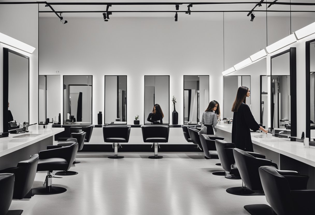 A sleek, modern hair salon with cutting-edge hair styling tools for long hair displayed on sleek countertops