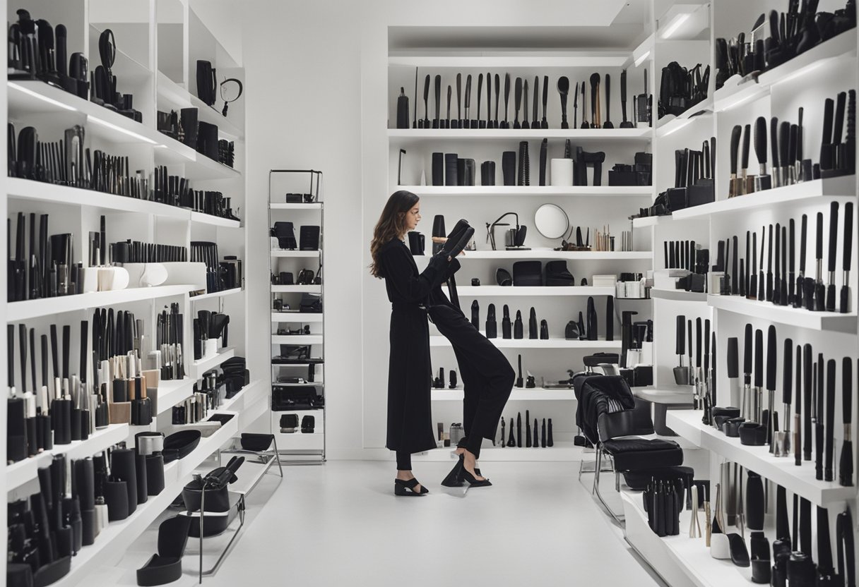 A display of hair tools and accessories for long hair, including brushes, combs, hair dryers, and curling irons, arranged neatly on shelves