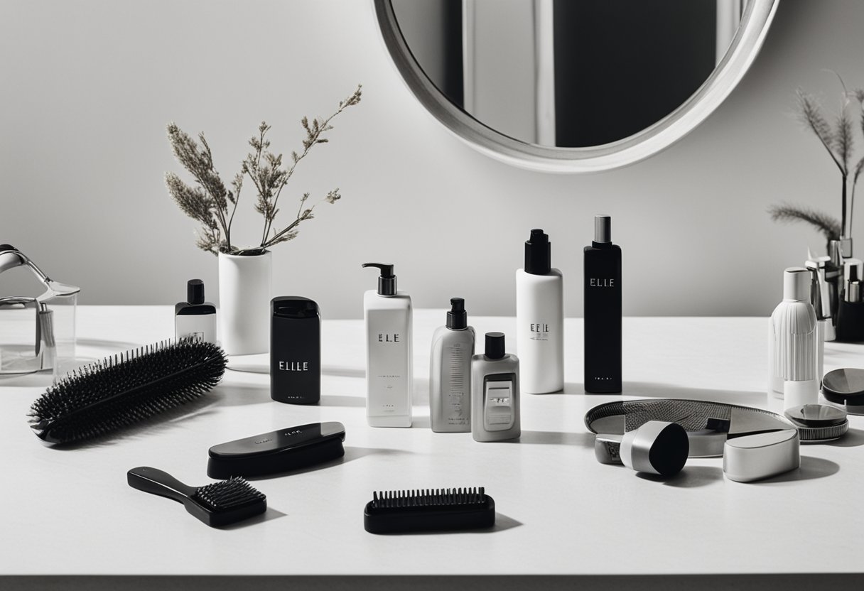 A hairbrush, comb, hairdryer, and hair clips lay on a sleek, white countertop, surrounded by bottles of styling products and a mirror in the background