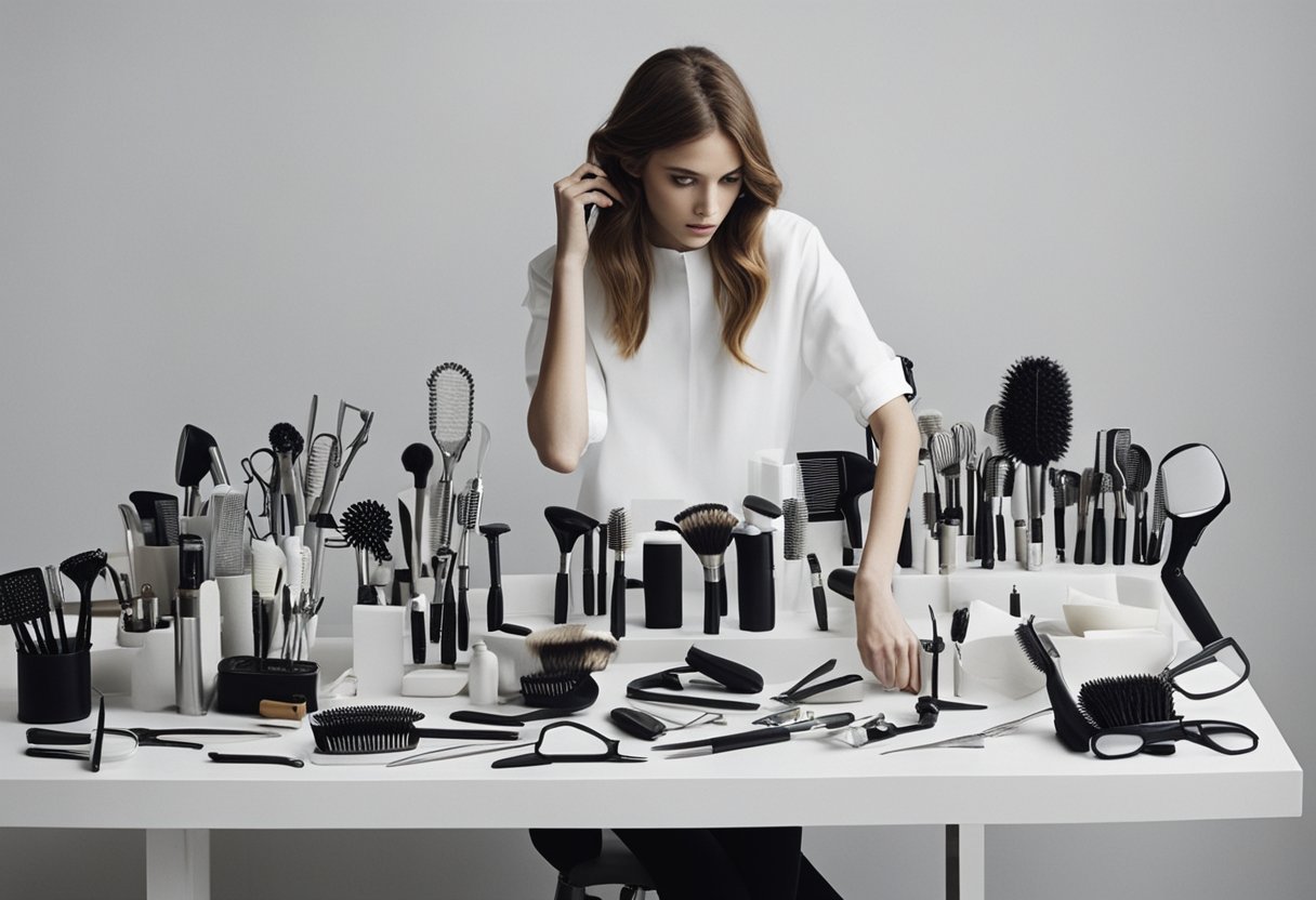 A table covered in various hair styling utensils: combs, brushes, hair dryers, curling irons, straighteners, and hair clips