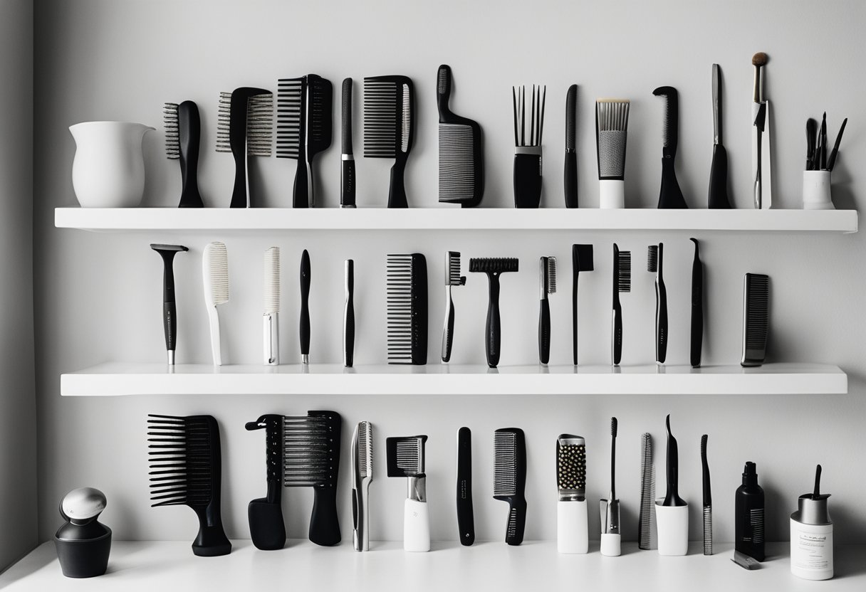 A hand reaches for various hair styling tools on a shelf, including brushes, combs, and hair straighteners, with different hair types labeled above each tool