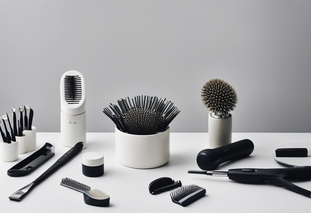 Various hair styling utensils arranged neatly on a sleek, white countertop. Brushes, combs, hairdryer, and curling iron are visible, ready for use