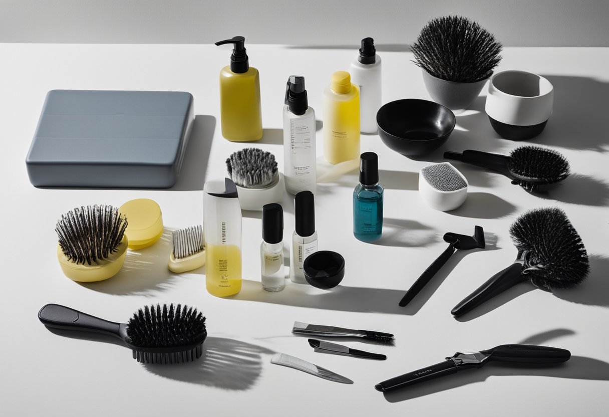 Styling tools laid out on a clean, organized surface with brushes, combs, and hair dryers neatly arranged. A bottle of cleaning solution and a cloth are nearby for maintenance