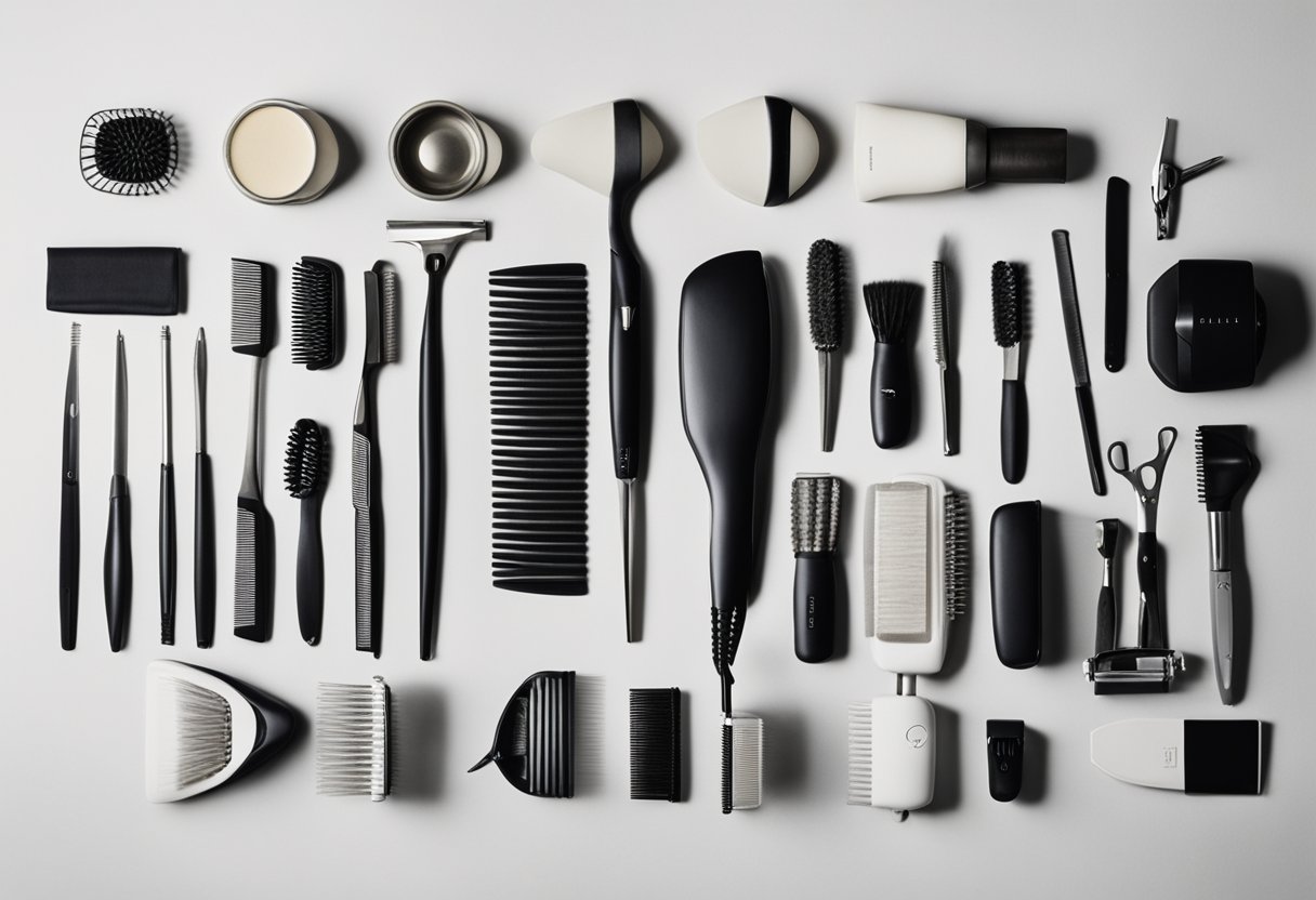 A table with various hair styling utensils neatly arranged, including combs, brushes, hair dryers, curling irons, and hair straighteners