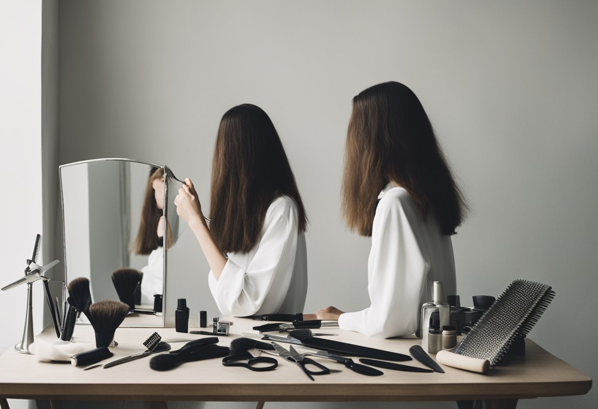 A table with scissors, combs, hairdryer, and brushes. Mirror in background