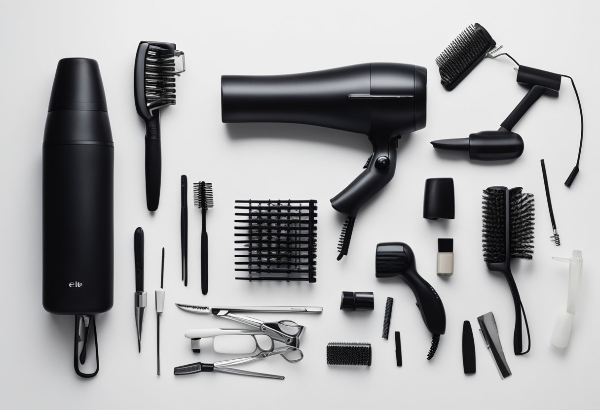 The scene shows essential hair styling tools arranged neatly on a clean, white surface. Items include a hairdryer, flat iron, curling wand, brushes, combs, and hair clips