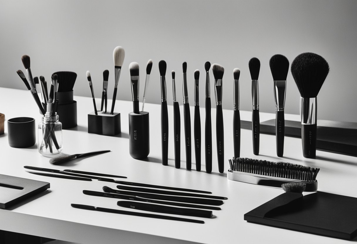 A variety of brushes and combs are neatly organized on a sleek countertop, ready for use by a hair stylist