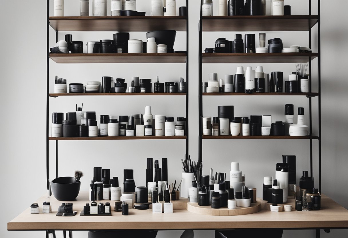 A table with hair care tools: brushes, combs, scissors, and hairdryer. Products like shampoos, conditioners, and styling gels neatly arranged on shelves