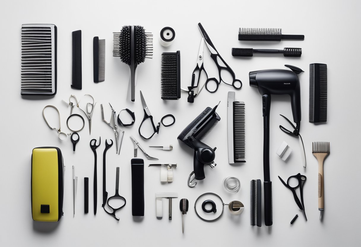 A table with various hair styling tools, including curling irons, hair straighteners, combs, brushes, and hair clips, arranged neatly on a clean white surface