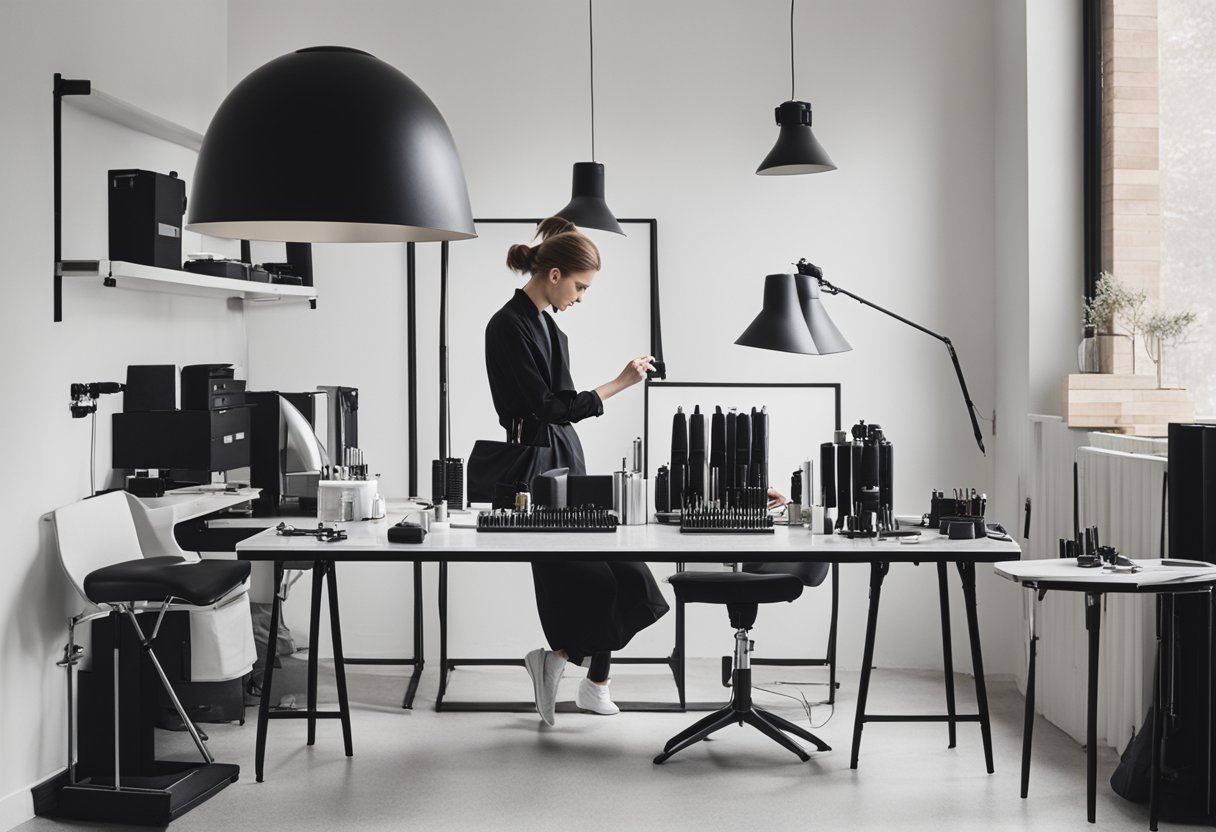 A hairstylist selects professional tools and accessories from a neatly organized workstation