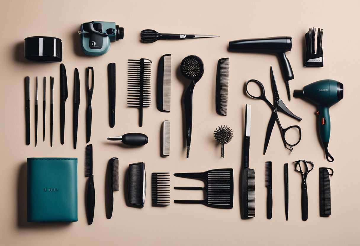 A table with various hair styling tools neatly organized, including scissors, combs, brushes, hairdryer, and styling products