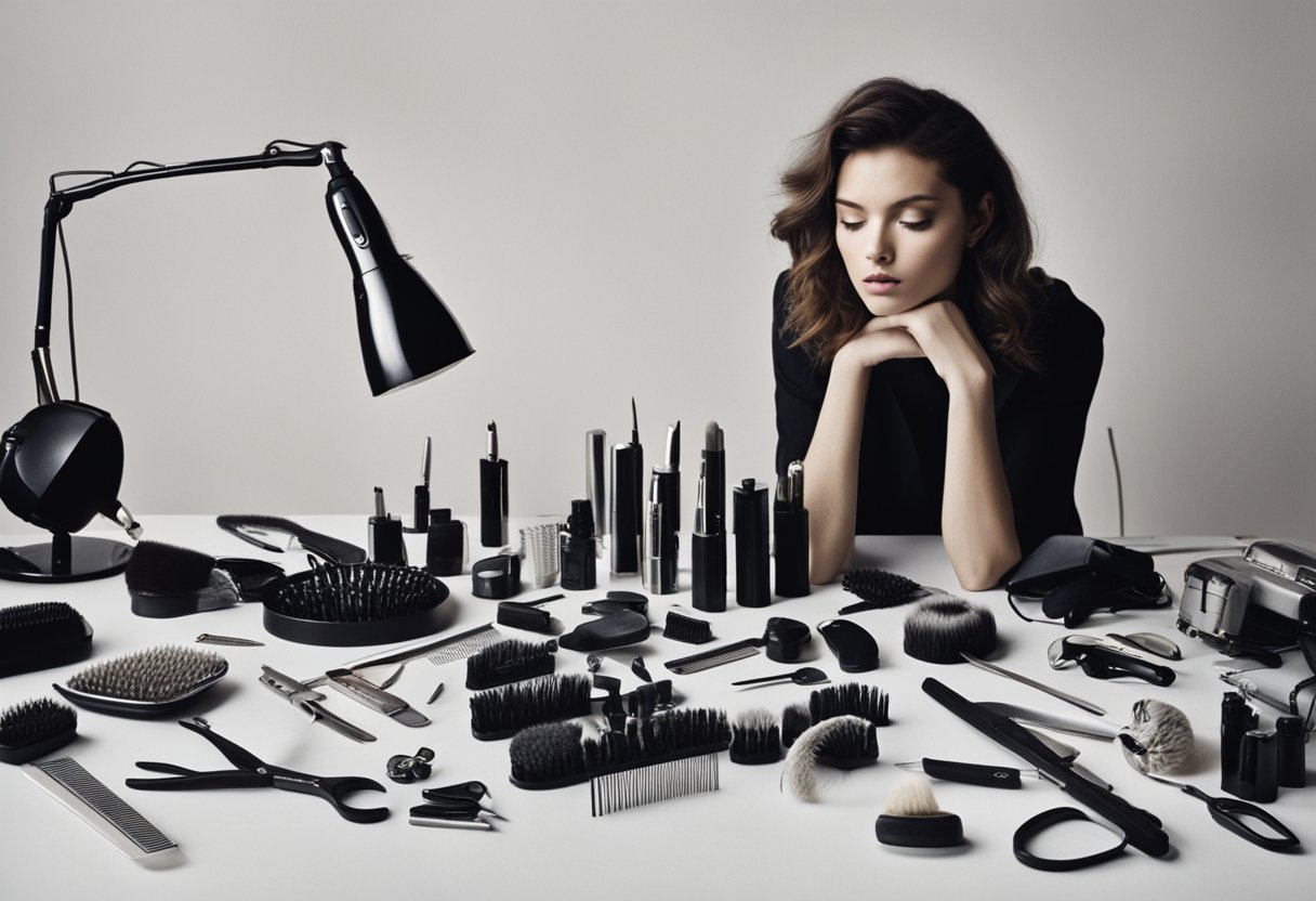 A table cluttered with hair tools: brushes, combs, scissors, hairdryer, curling iron, and hair clips