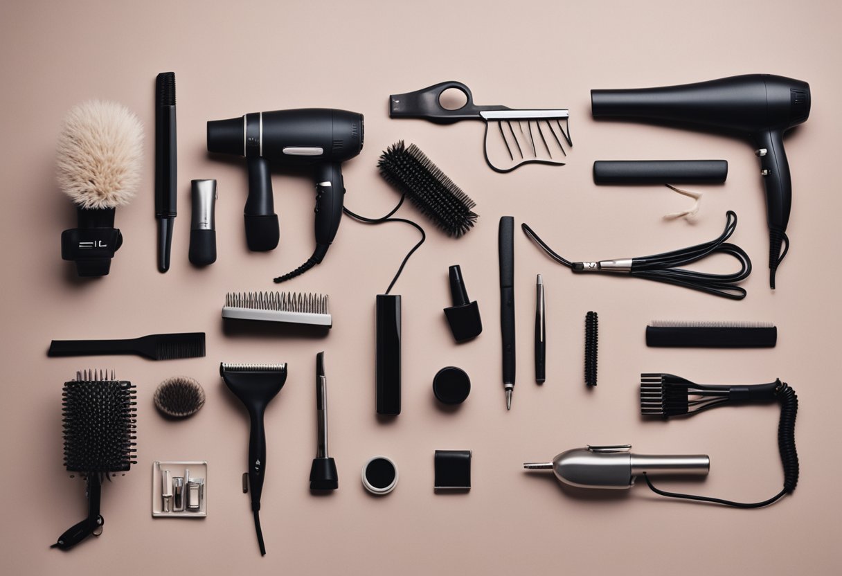 A table with various hair tools: hair dryer, straightener, curling iron, brushes, combs, clips, and hair ties