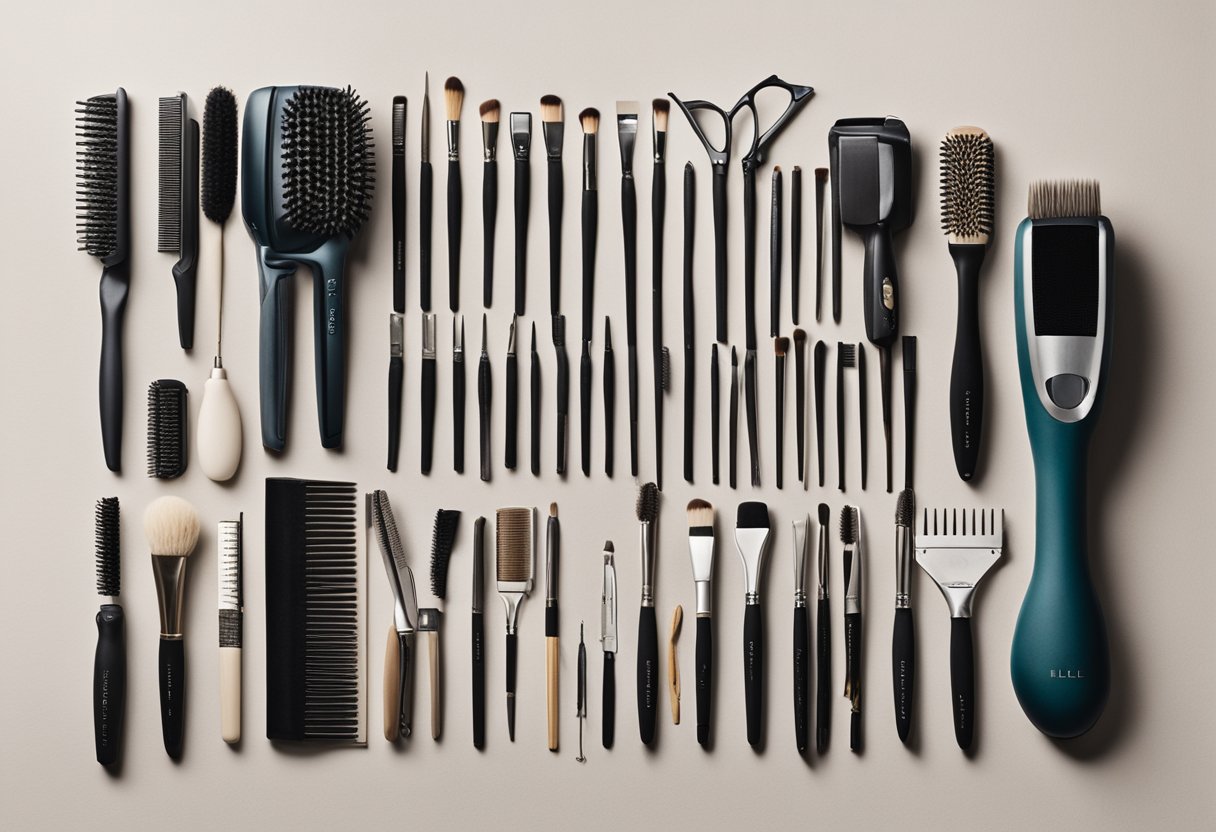 A variety of hair tools arranged neatly on a table, including brushes, combs, hairdryers, and straighteners, each labeled with the specific hair type it is best suited for