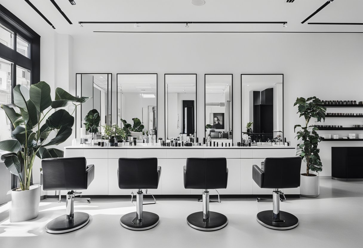 A sleek, modern salon station with high-quality hair tools neatly arranged on a clean, organized counter