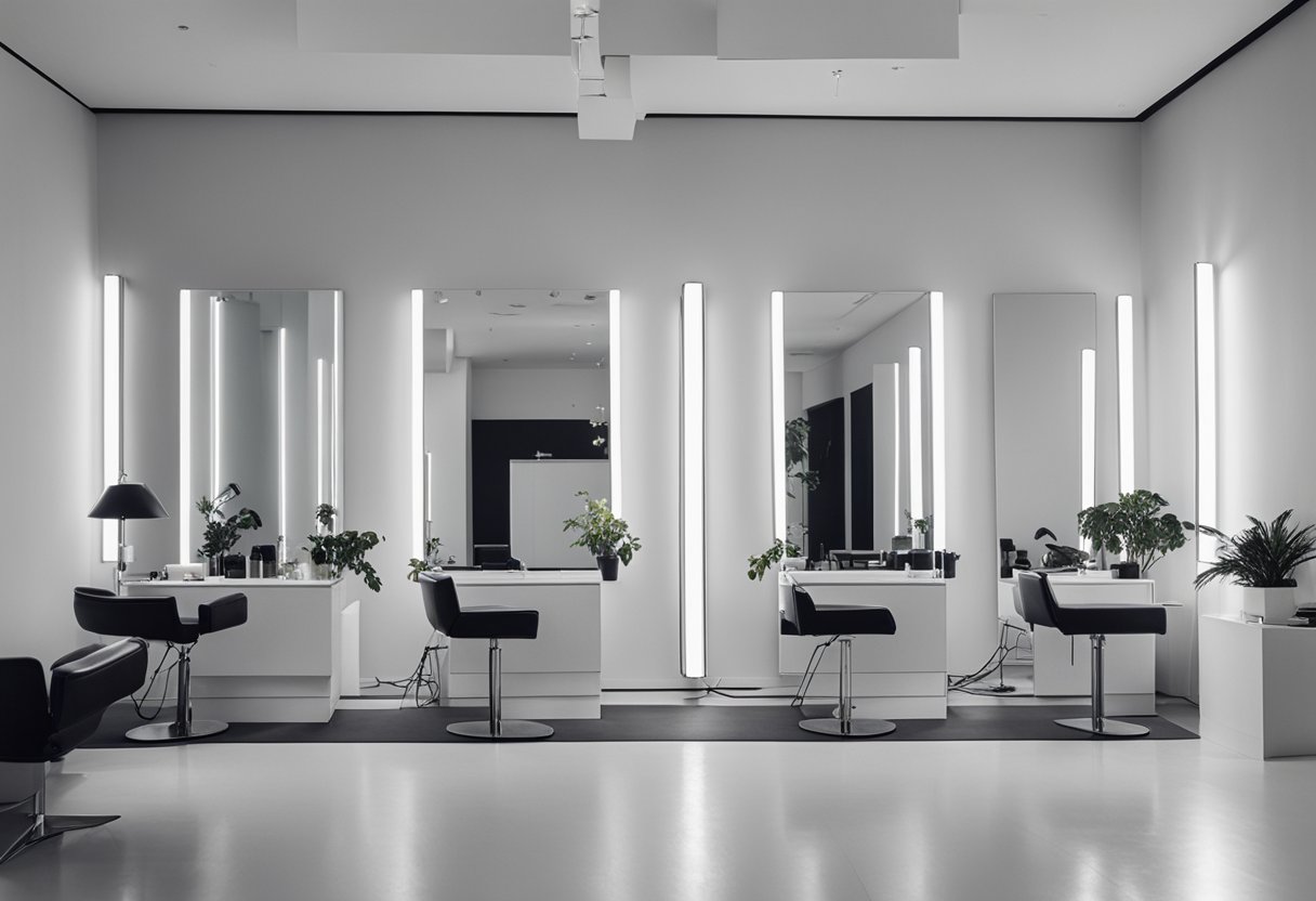 A sleek, modern salon set-up with various hair styling tools on display. Bright lights and clean, minimalist decor create a professional and inviting atmosphere