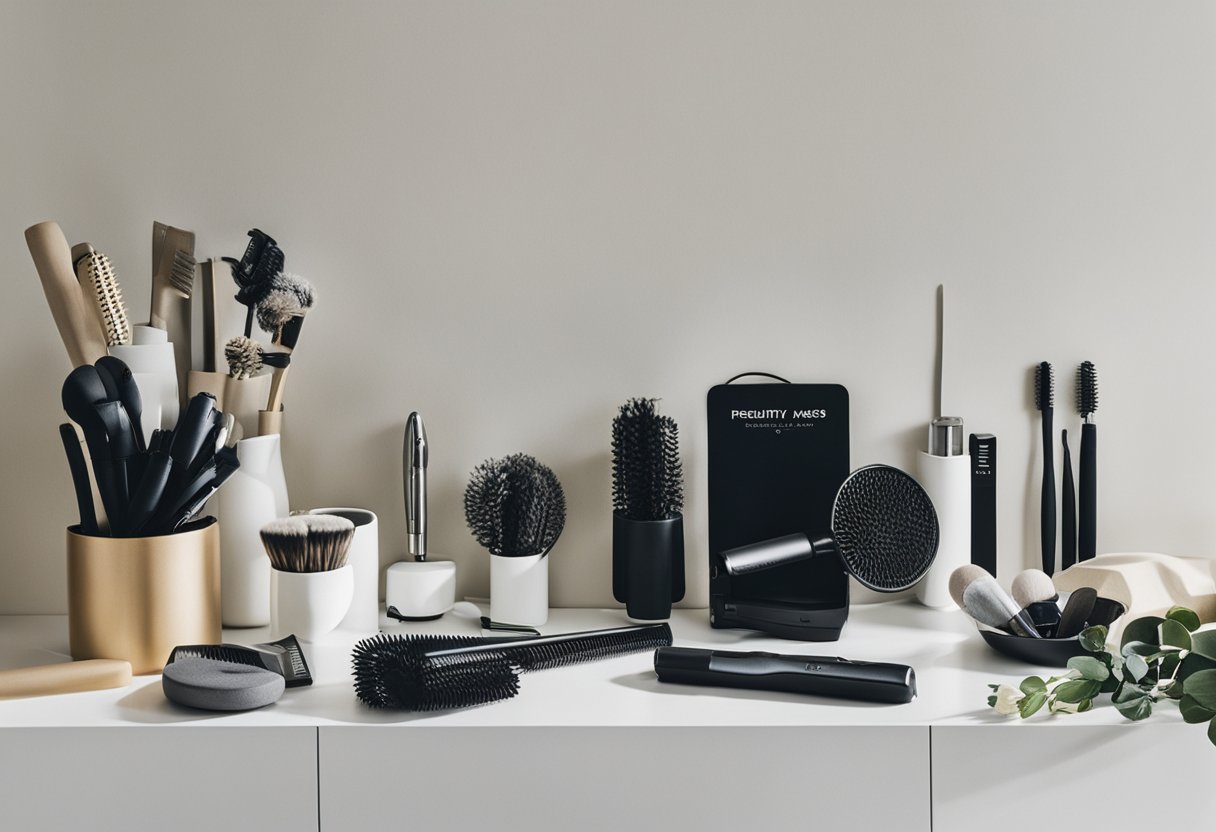 Various hair tools, such as hair dryers, curling irons, and brushes, arranged neatly on a countertop with a "Frequently Asked Questions" banner in the background