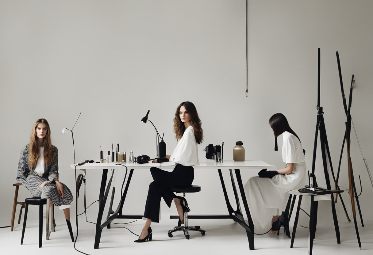 A table with various hairstyling tools: hairbrushes, combs, hairdryer, curling iron, straightening iron, and hair clips