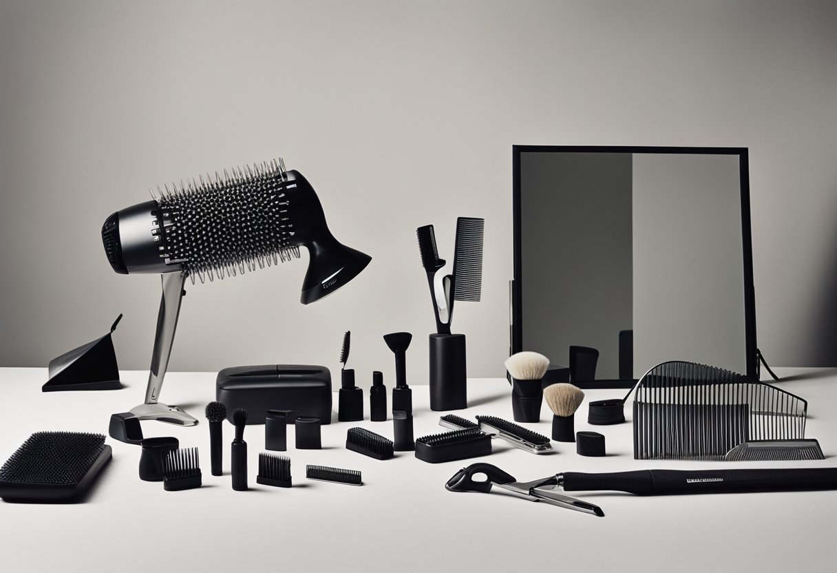 A table with various hairstyling tools: hairdryer, straightener, curling iron, brushes, combs, and clips. Mirror in the background