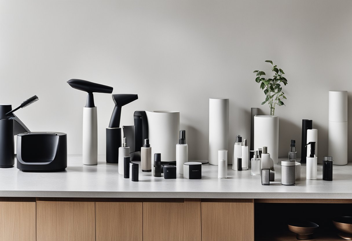 A variety of dryers and diffusers arranged on a sleek, modern countertop with soft lighting highlighting their shapes and textures