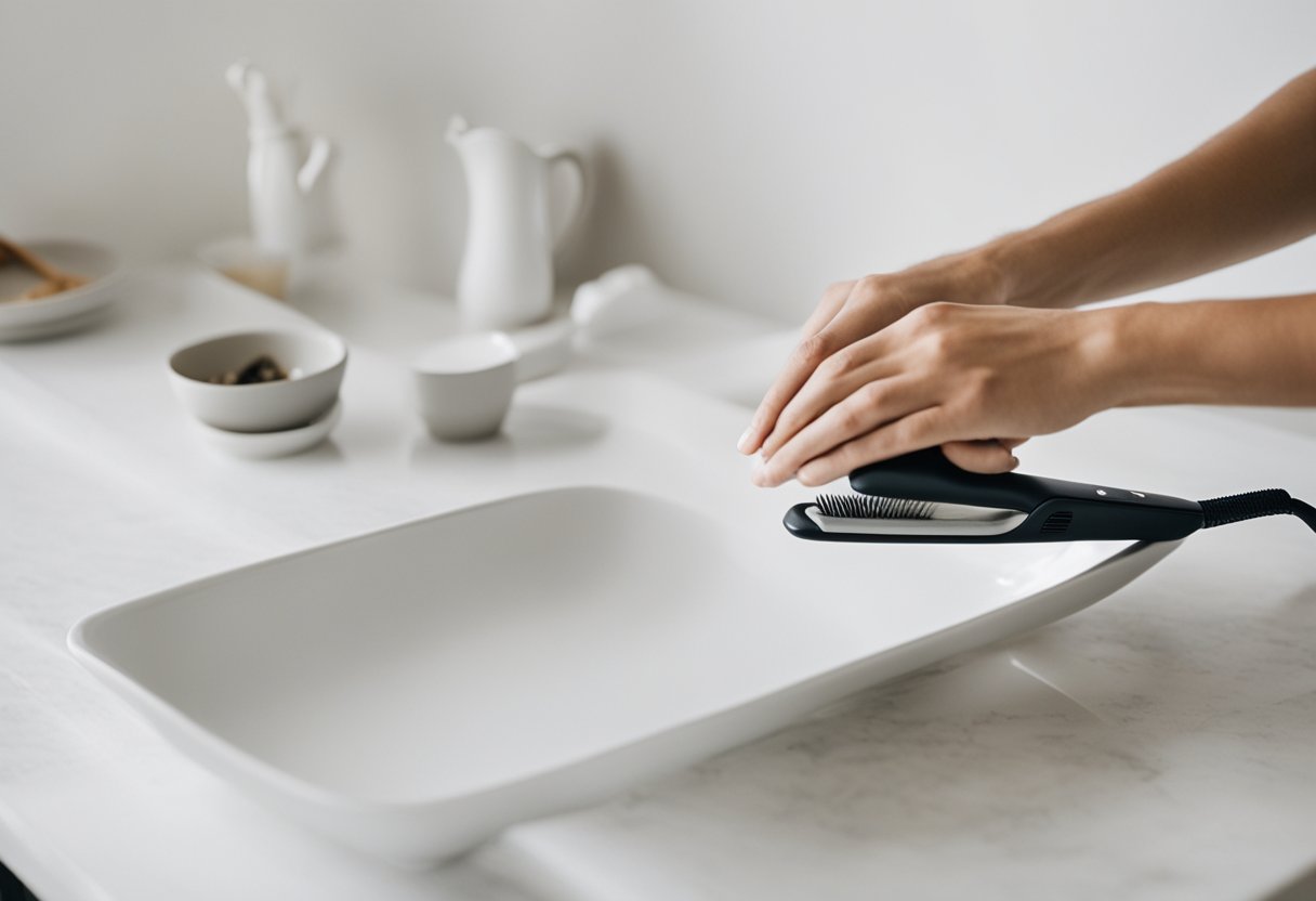 A hand reaches for a hair straightener and smoothing brush on a clean, white countertop