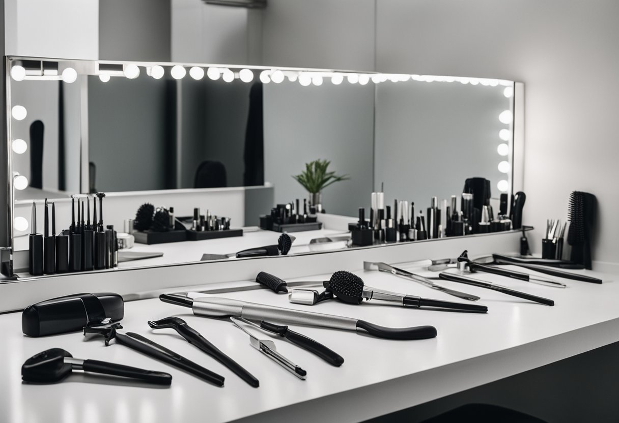 Various curling tools, including wands, irons, and rollers, are neatly arranged on a sleek countertop, with a mirror in the background reflecting the tools