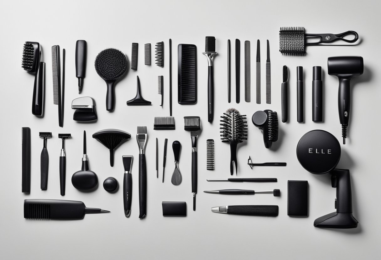 A collection of hairstyling tools arranged neatly on a sleek, modern countertop. Brushes, combs, hairdryers, and curling irons are displayed with precision