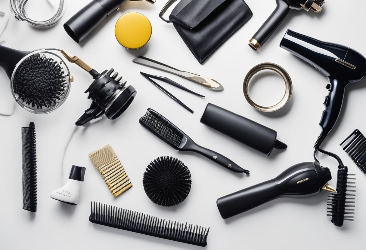 Various hairstyling tools arranged neatly on a clean, white countertop. Hairdryer, flat iron, curling iron, brushes, and combs are visible